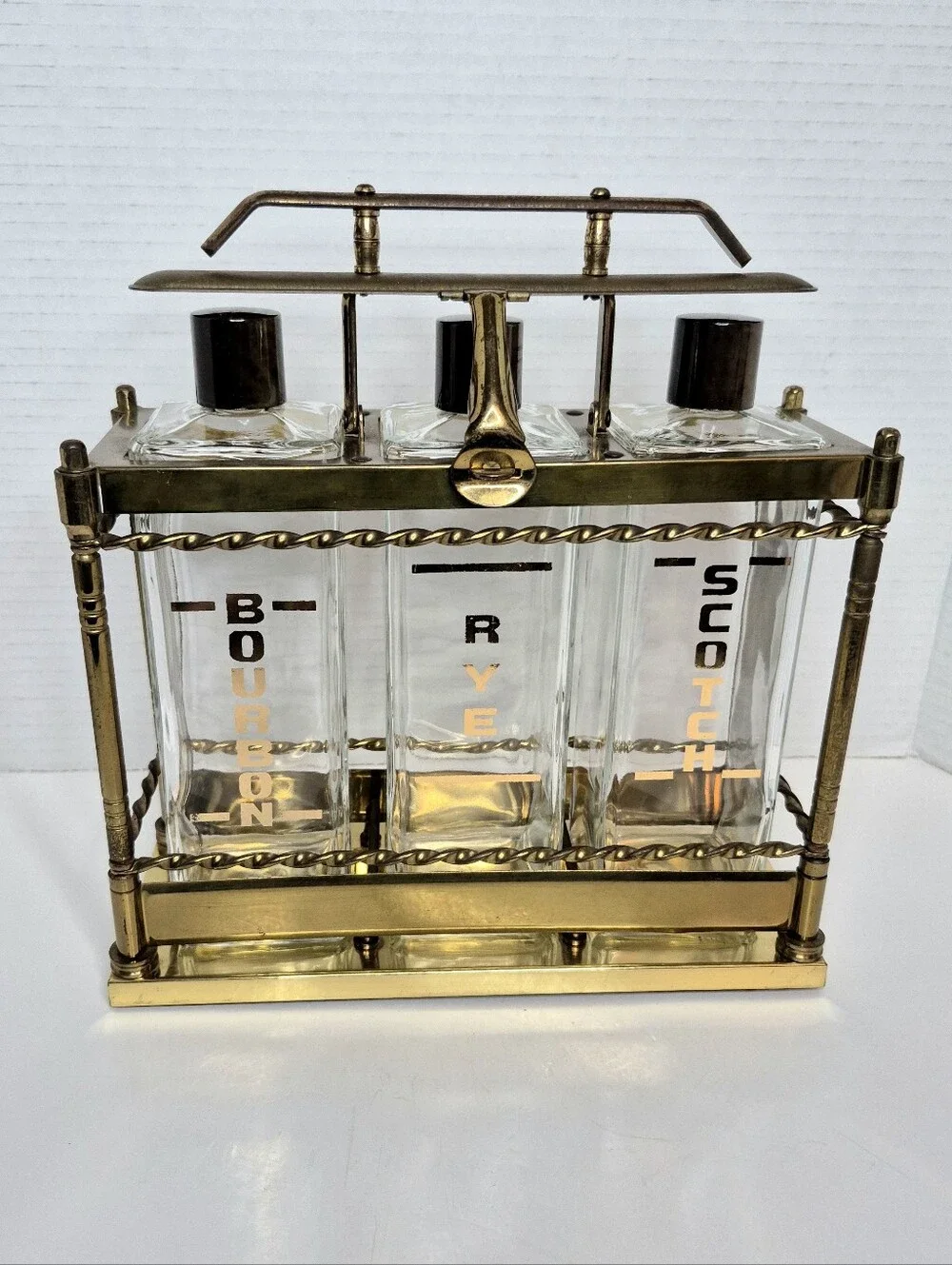 Vintage Tantalus Decanter Set Mid Century Modern Bar Caddy Liquor Glass Bottles